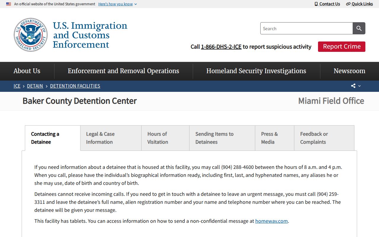 Baker County Detention Center ICE release and facility contact entry