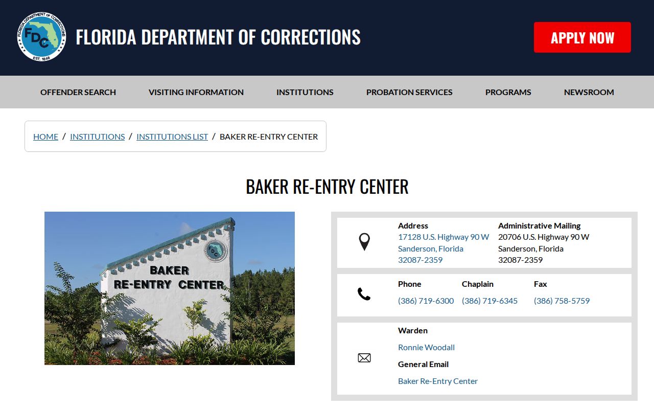 Baker Re-Entry Center FDC release and facility information page