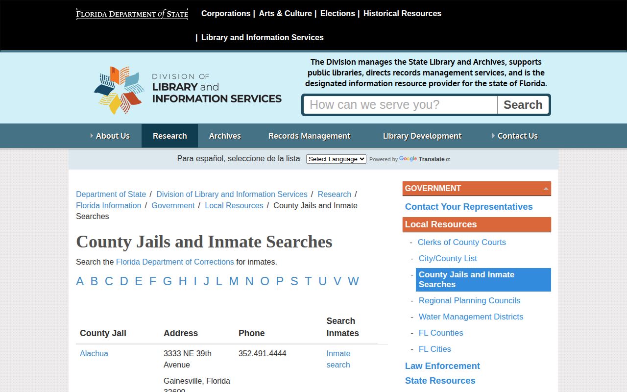 Florida directory showing Baker County inmate information contact for a 72-hour release check